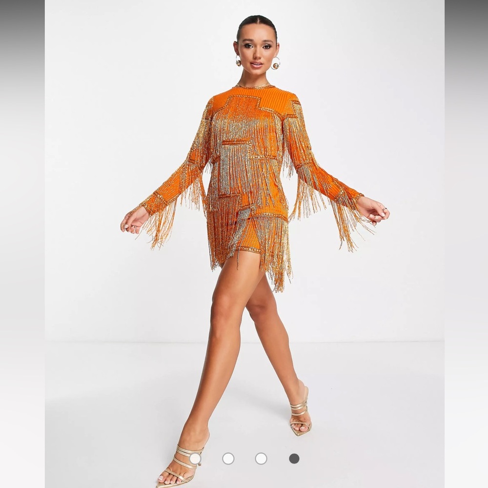ASOS DESIGN embellished shift mini dress with beaded fringe in orange. Size 4.